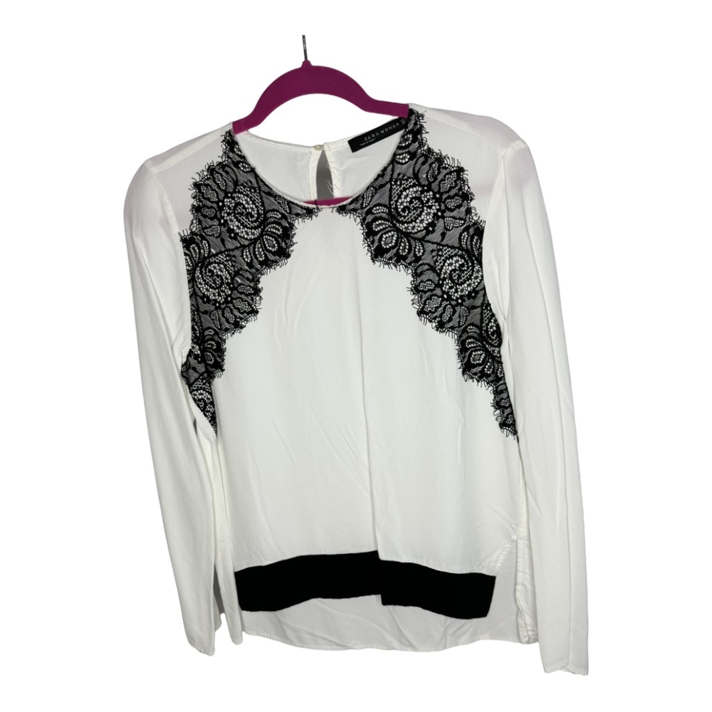 Elegant Shirt: White, Straight-Cut with Black Lace Shoulder Details